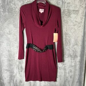 Cowl Neck Long Sleeve Dress with Chain Belt - Burgundy